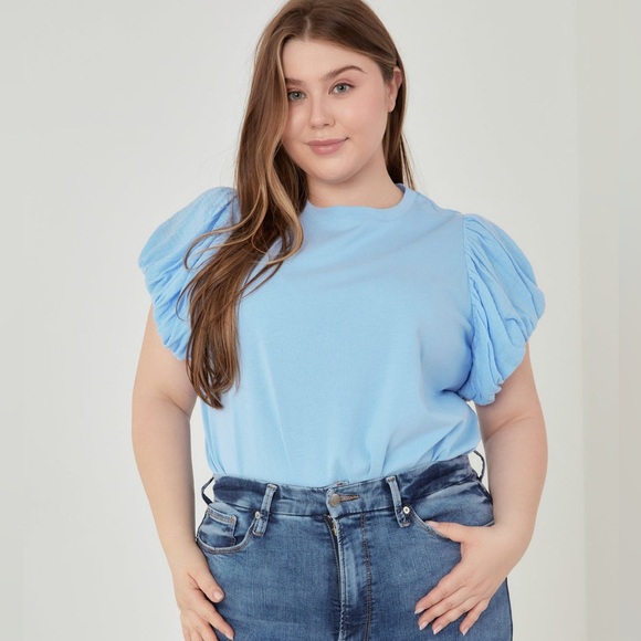 English Factory Powder Blue Puffy Ruffle Sleeve T-Shirt NEW 2XL - Picture 1 of 7